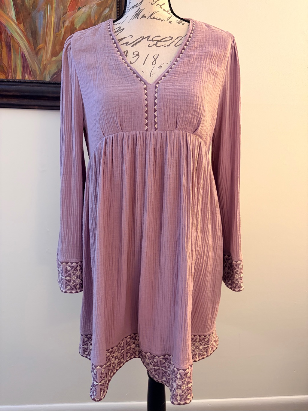 Women's Soft Lavender Boho V-Neck Embroidered Dress